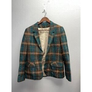 Vintage Smythe Gren Wool Plaid Blazer Brown Blue Jacket Medium USA Made